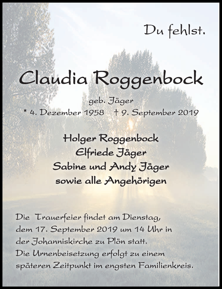  Traueranzeige für Claudia Roggenbock vom 14.09.2019 aus Kieler Nachrichten