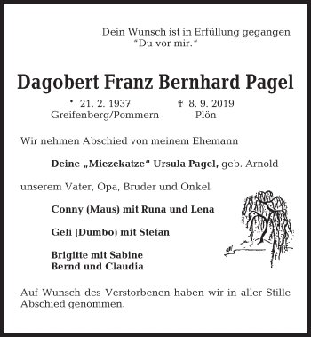 Traueranzeige von Dagobert Franz Bernhard Pagel von Kieler Nachrichten