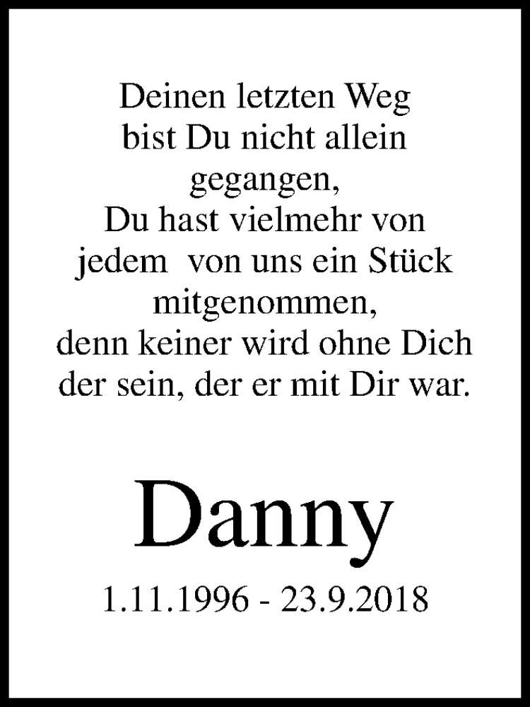  Traueranzeige für Danny Schwentzick vom 22.09.2019 aus Lübecker Nachrichten