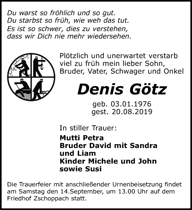  Traueranzeige für Denis Götz vom 07.09.2019 aus Leipziger Volkszeitung