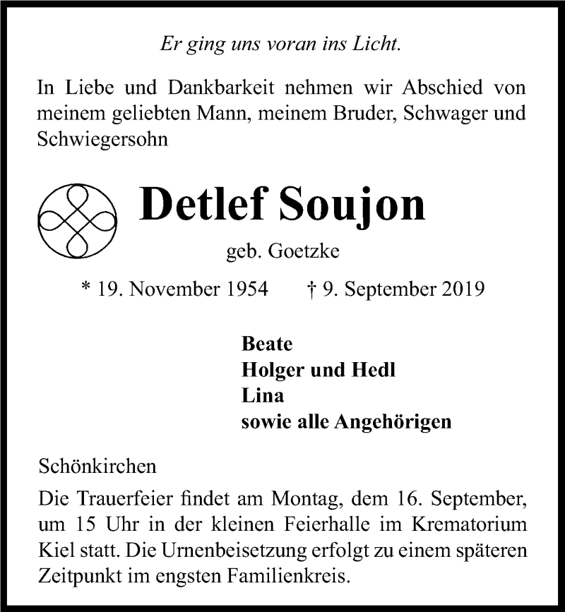  Traueranzeige für Detlef Soujon vom 11.09.2019 aus Kieler Nachrichten