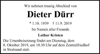 Traueranzeige von Dieter Dürr von Ostsee-Zeitung GmbH