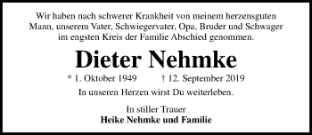 Traueranzeige von Dieter Nehmke von Lübecker Nachrichten