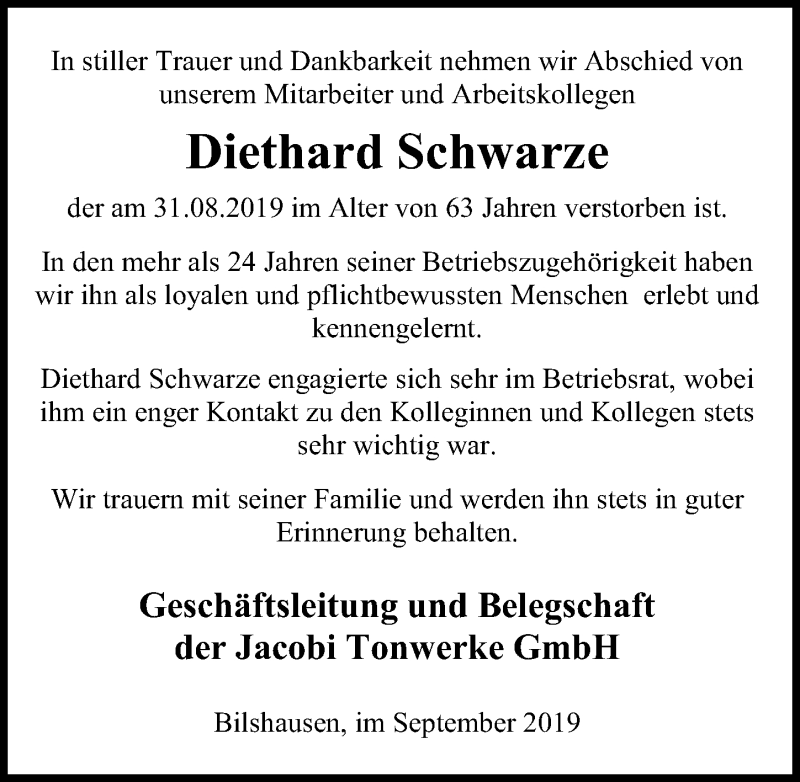 Traueranzeige für Diethard Schwarze vom 04.09.2019 aus Eichsfelder Tageblatt