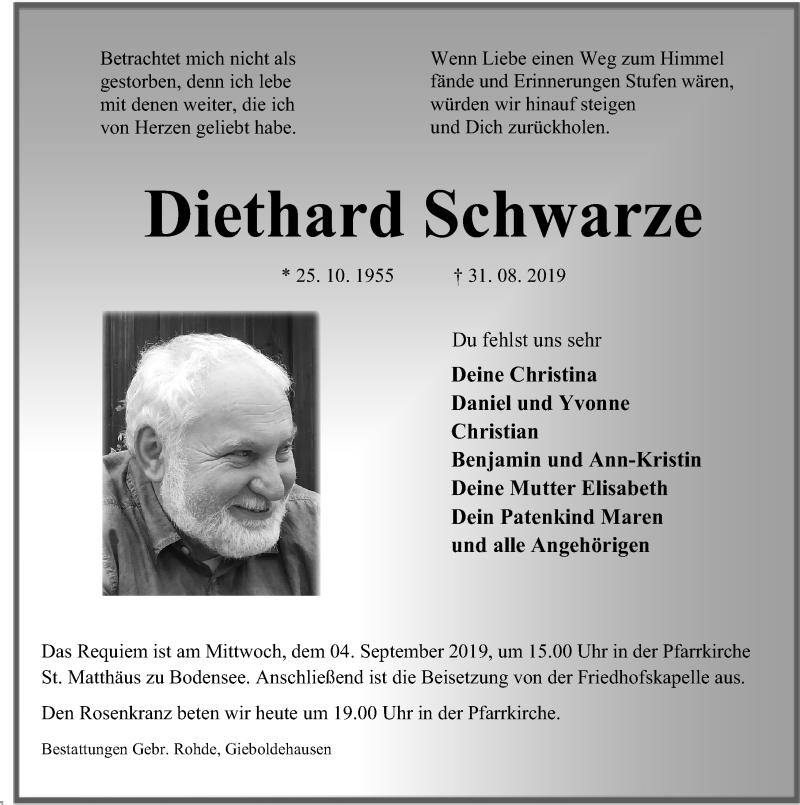  Traueranzeige für Diethard Schwarze vom 03.09.2019 aus Eichsfelder Tageblatt
