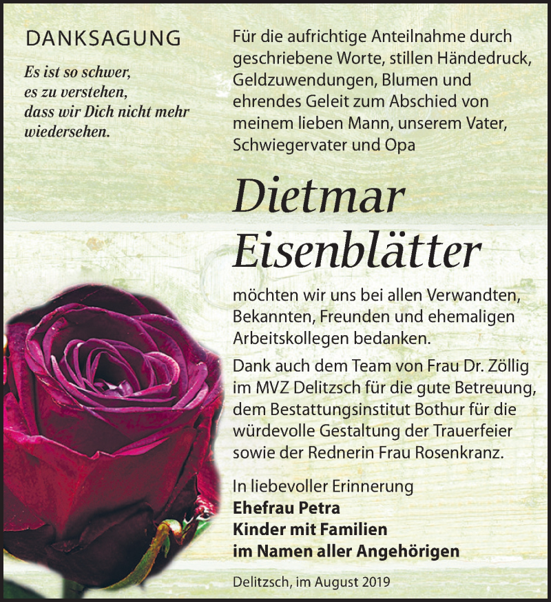  Traueranzeige für Dietmar Eisenblätter vom 31.08.2019 aus Leipziger Volkszeitung
