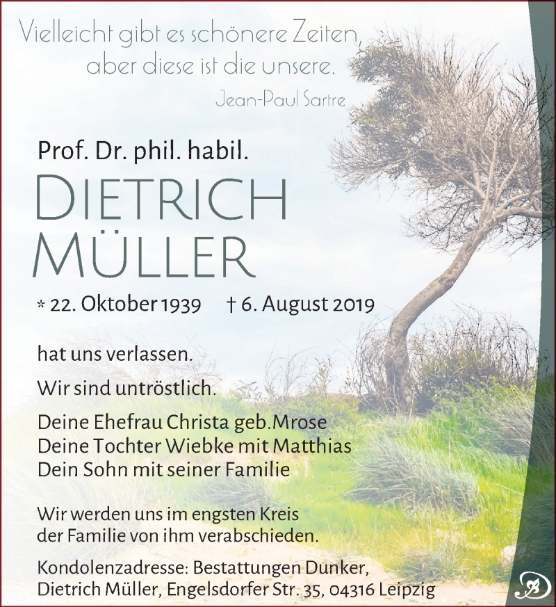  Traueranzeige für Dietrich Müller vom 24.08.2019 aus Leipziger Volkszeitung