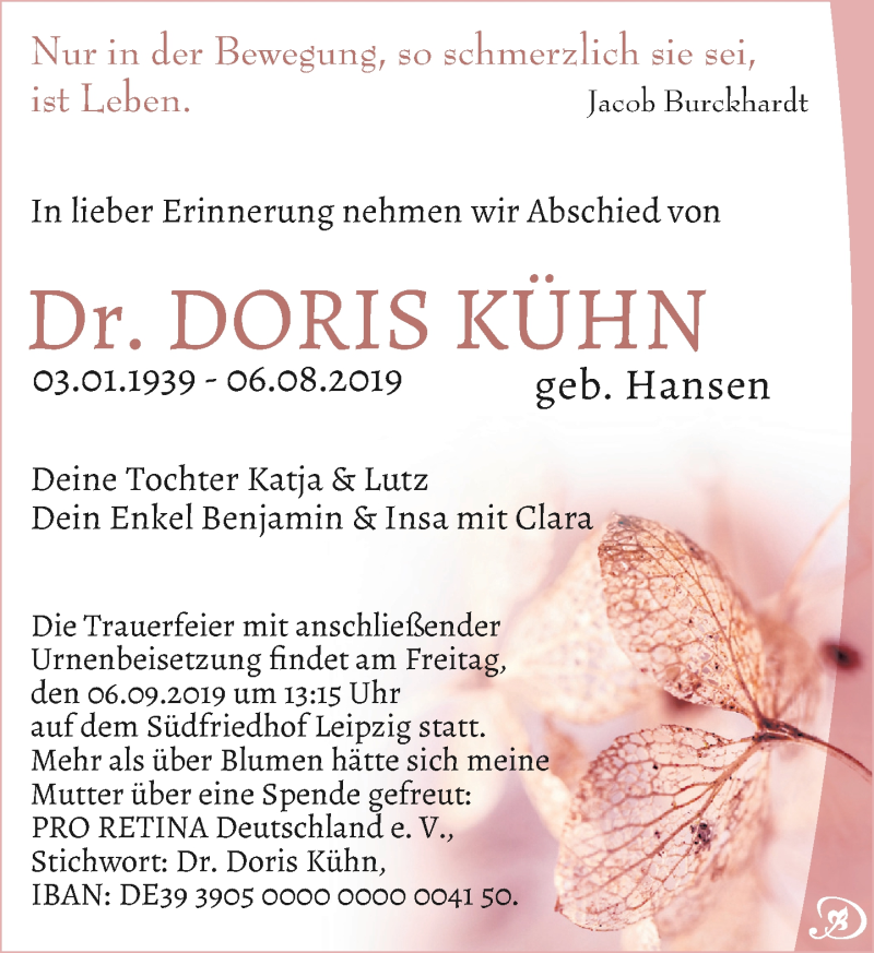  Traueranzeige für Doris Kühn vom 24.08.2019 aus Leipziger Volkszeitung