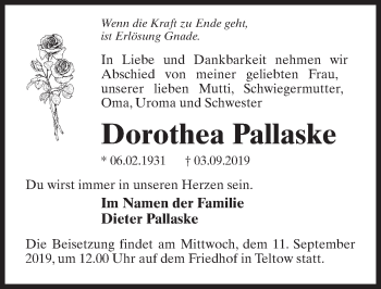 Traueranzeige von Dorothea Pallaske von Märkischen Allgemeine Zeitung