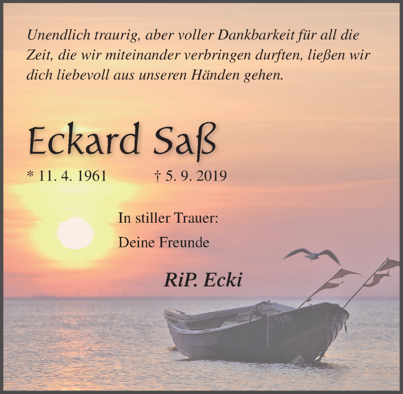  Traueranzeige für Eckard Saß vom 21.09.2019 aus Ostsee-Zeitung GmbH