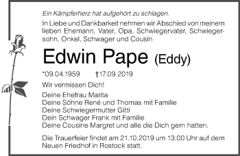 Traueranzeige von Edwin Pape von Ostsee-Zeitung GmbH