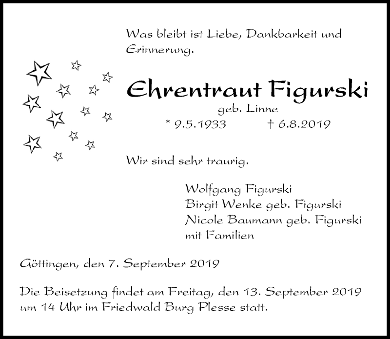  Traueranzeige für Ehrentraut Figurski vom 07.09.2019 aus Göttinger Tageblatt