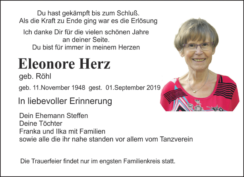  Traueranzeige für Eleonore Herz vom 21.09.2019 aus Leipziger Volkszeitung