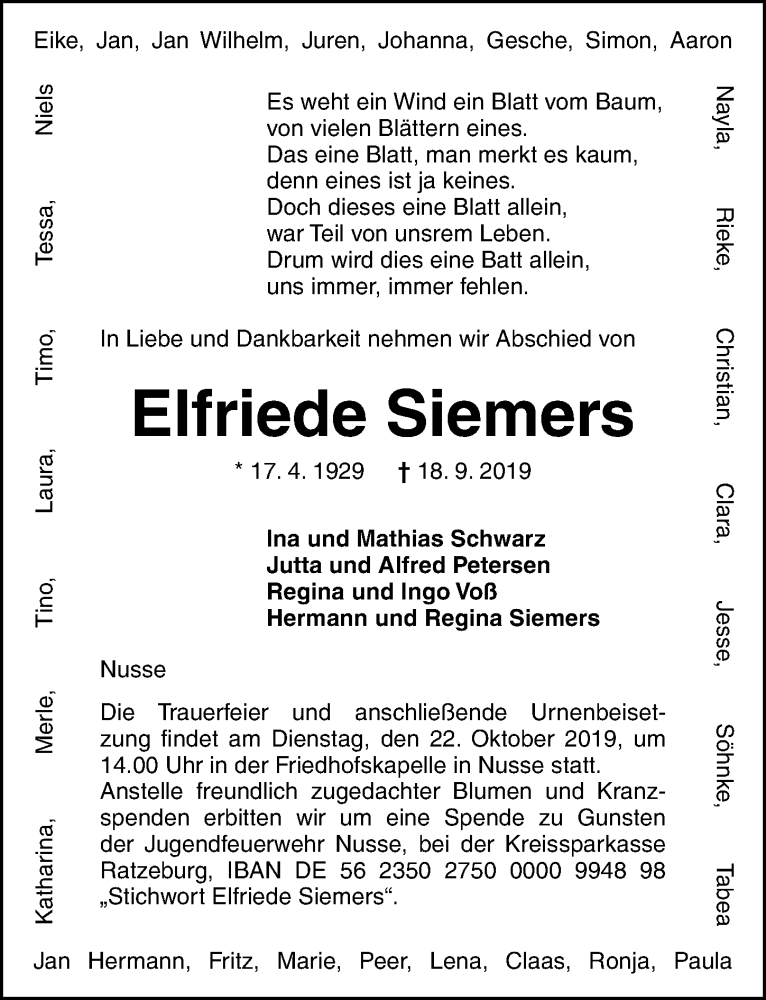  Traueranzeige für Elfriede Siemers vom 28.09.2019 aus Lübecker Nachrichten