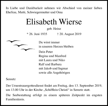 Traueranzeige von Elisabeth Wierse von Lübecker Nachrichten