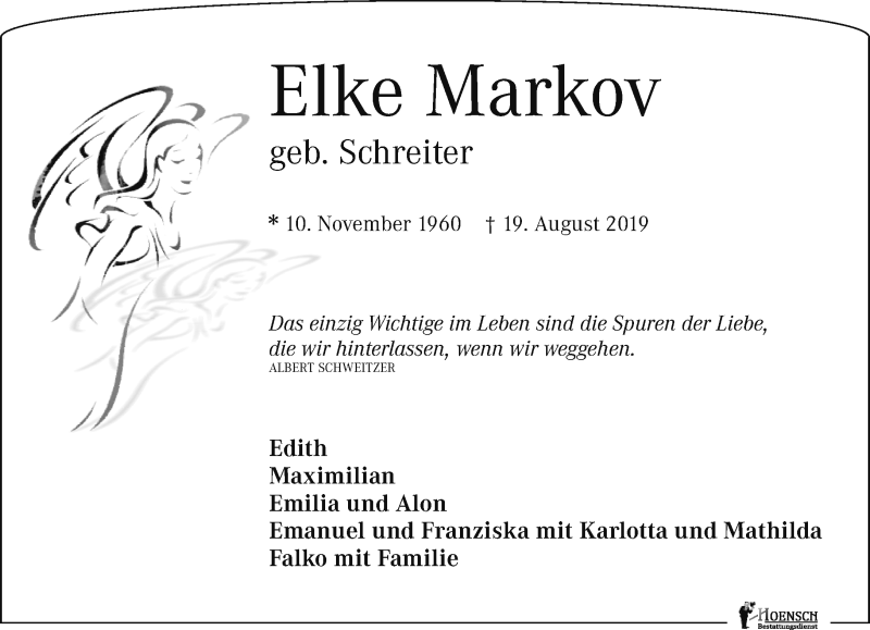  Traueranzeige für Elke Markov vom 31.08.2019 aus Leipziger Volkszeitung