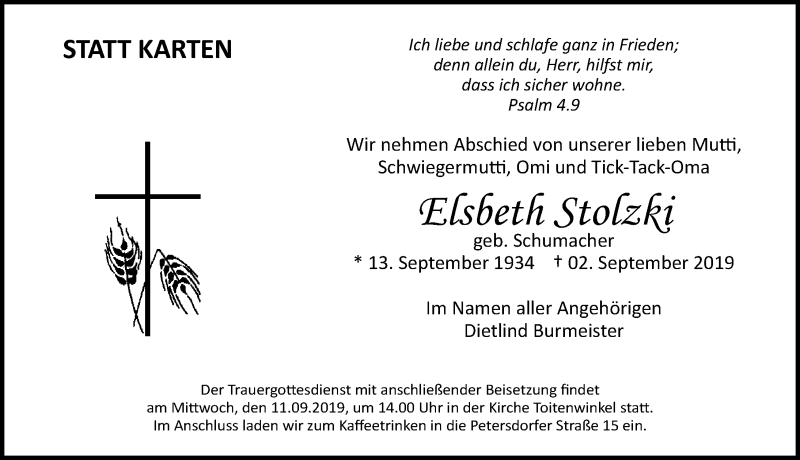  Traueranzeige für Elsbeth Stolzki vom 07.09.2019 aus Ostsee-Zeitung GmbH