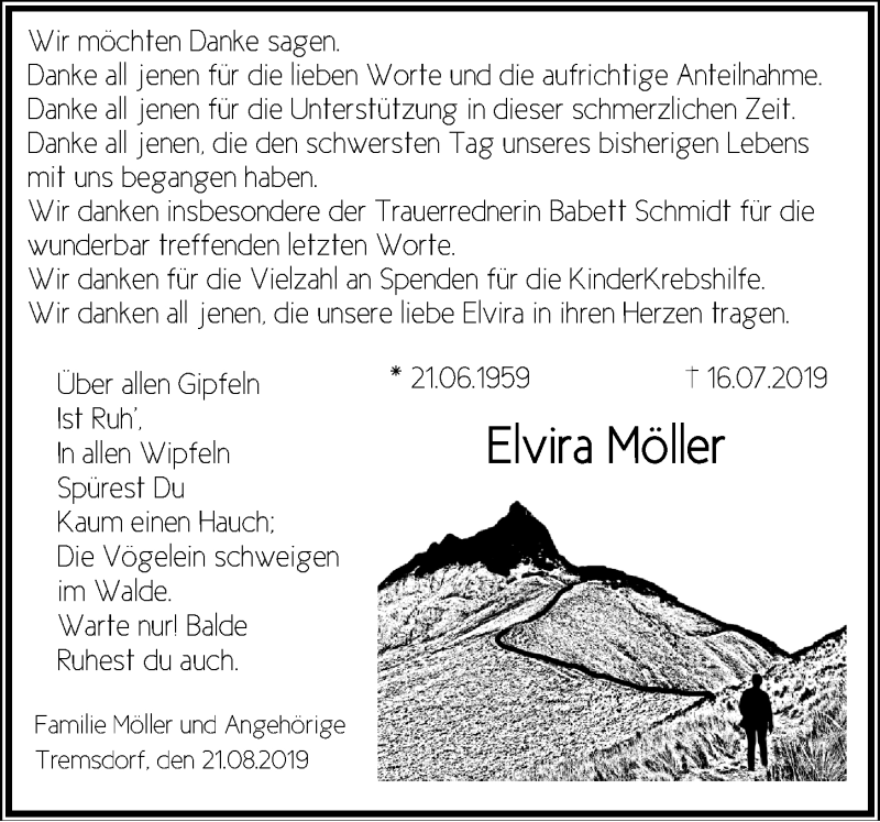  Traueranzeige für Elvira Möller vom 24.08.2019 aus Märkischen Allgemeine Zeitung
