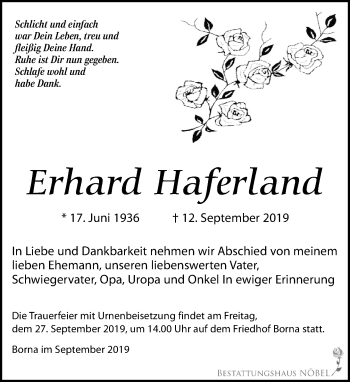 Traueranzeige von Erhard Haferland von Leipziger Volkszeitung