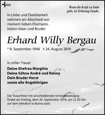 Traueranzeige von Erhard Willy Bergau von Leipziger Volkszeitung