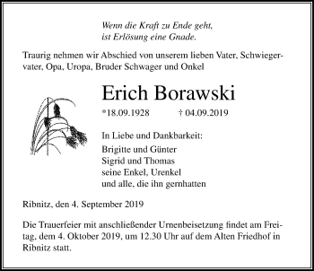 Traueranzeige von Erich Borawski von Ostsee-Zeitung GmbH