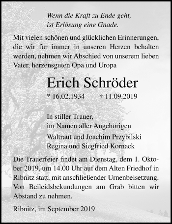 Traueranzeige von Erich Schröder von Ostsee-Zeitung GmbH