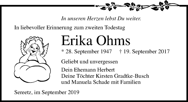  Traueranzeige für Erika Ohms vom 19.09.2019 aus Lübecker Nachrichten