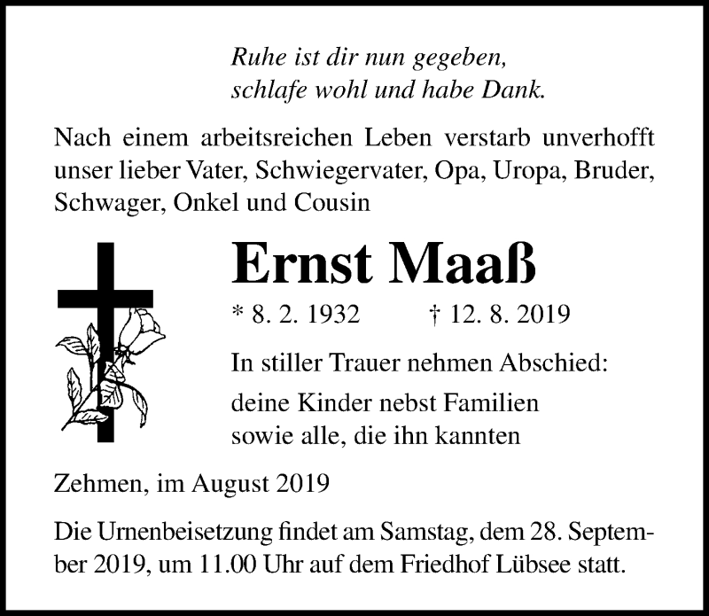  Traueranzeige für Ernst Maaß vom 20.09.2019 aus Ostsee-Zeitung GmbH