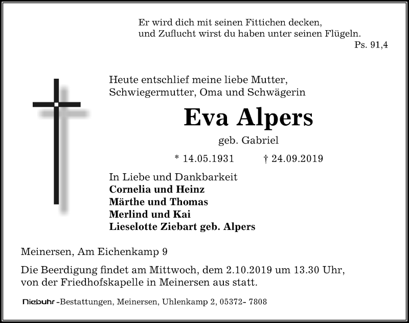  Traueranzeige für Eva Alpers vom 28.09.2019 aus Aller Zeitung