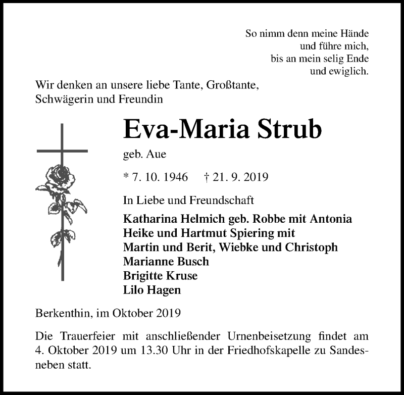 Traueranzeige für Eva-Maria Strub vom 28.09.2019 aus Lübecker Nachrichten