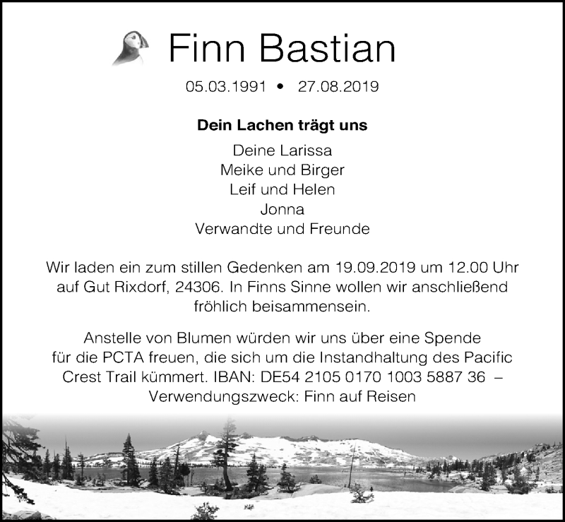  Traueranzeige für Finn Bastian vom 14.09.2019 aus Lübecker Nachrichten