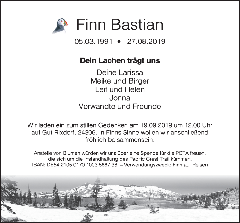  Traueranzeige für Finn Bastian vom 14.09.2019 aus Kieler Nachrichten