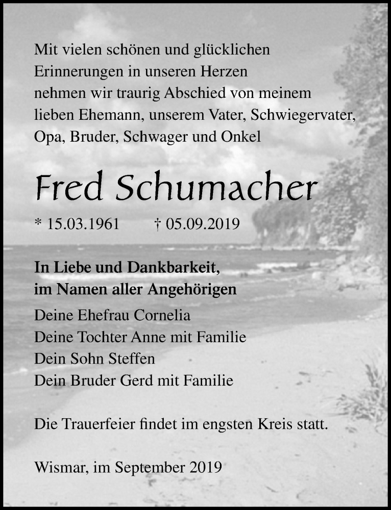  Traueranzeige für Fred Schumacher vom 14.09.2019 aus Ostsee-Zeitung GmbH