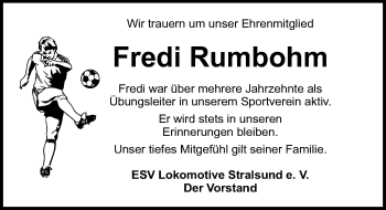 Traueranzeige von Fredi Rumbohm von Ostsee-Zeitung GmbH