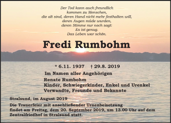 Traueranzeige von Fredi Rumbohm von Ostsee-Zeitung GmbH