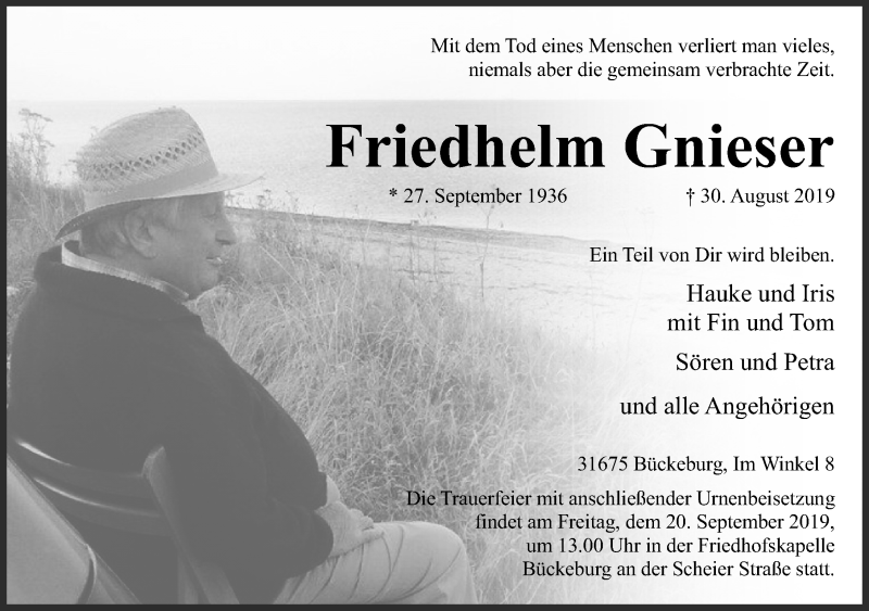  Traueranzeige für Friedhelm Gnieser vom 14.09.2019 aus Schaumburger Nachrichten
