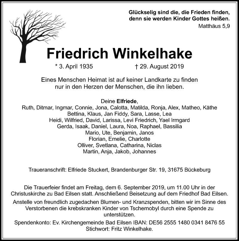  Traueranzeige für Friedrich Winkelhake vom 03.09.2019 aus Schaumburger Nachrichten