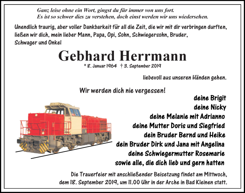  Traueranzeige für Gebhard Herrmann vom 14.09.2019 aus Ostsee-Zeitung GmbH