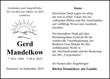 Traueranzeige von Gerd Mandelkow von Ostsee-Zeitung GmbH