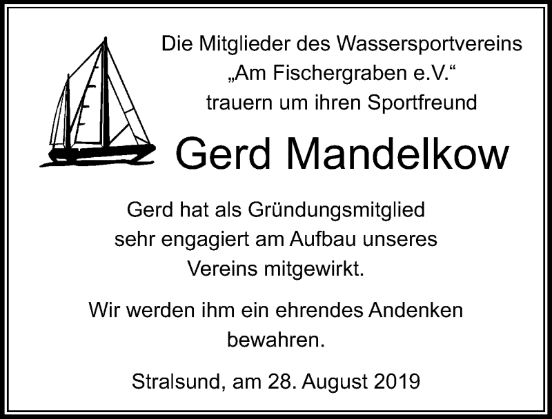  Traueranzeige für Gerd Mandelkow vom 07.09.2019 aus Ostsee-Zeitung GmbH