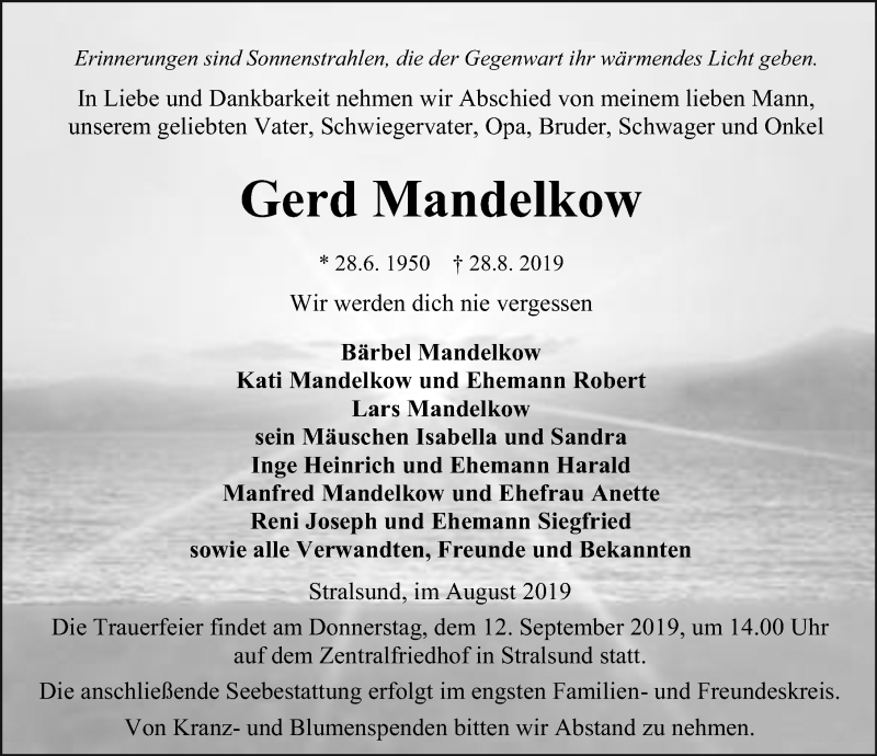  Traueranzeige für Gerd Mandelkow vom 31.08.2019 aus Ostsee-Zeitung GmbH