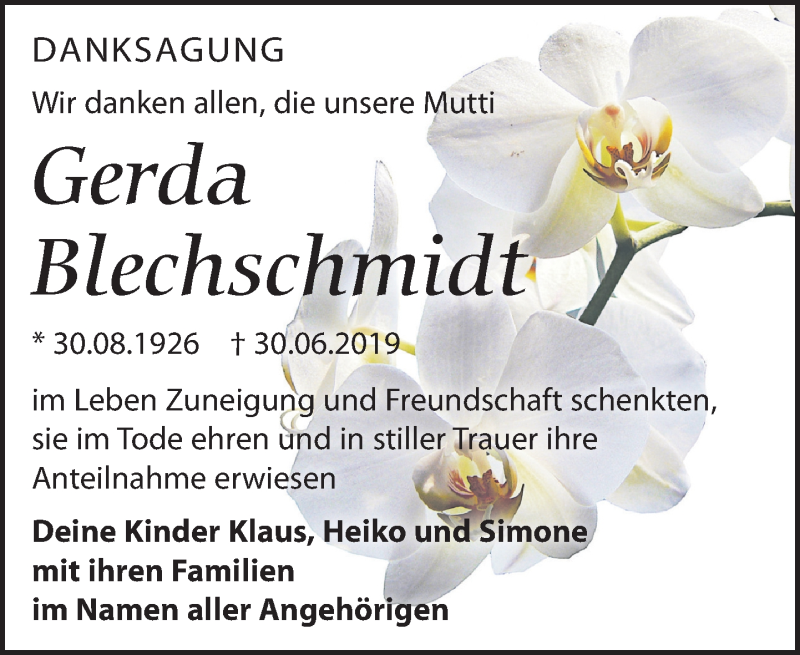  Traueranzeige für Gerda Blechschmidt vom 24.08.2019 aus Leipziger Volkszeitung