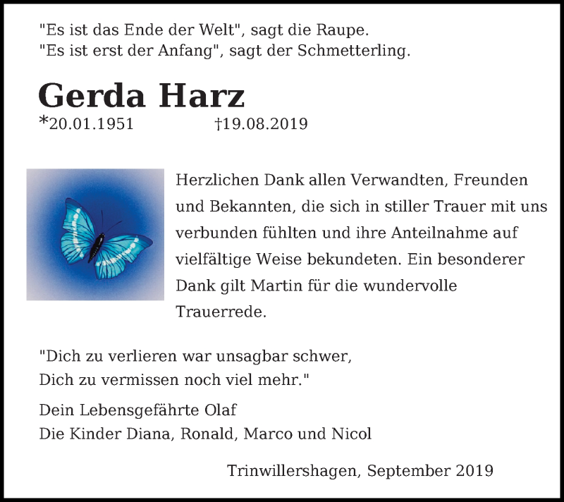  Traueranzeige für Gerda Harz vom 28.09.2019 aus Ostsee-Zeitung GmbH