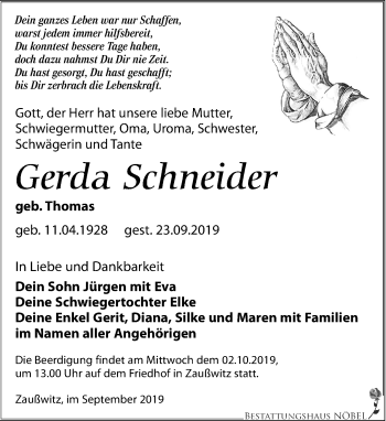 Traueranzeige von Gerda Schneider von Leipziger Volkszeitung