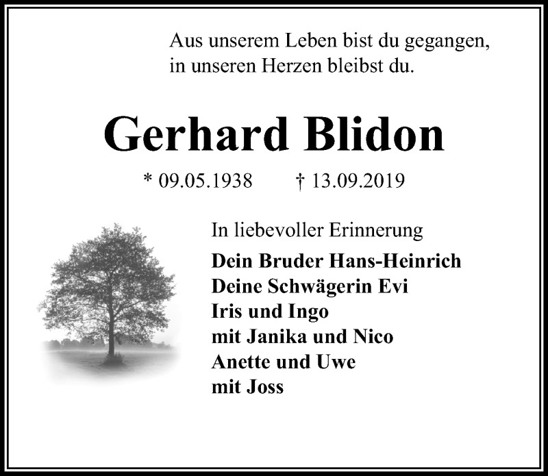  Traueranzeige für Gerhard Blidon vom 17.09.2019 aus Aller Zeitung
