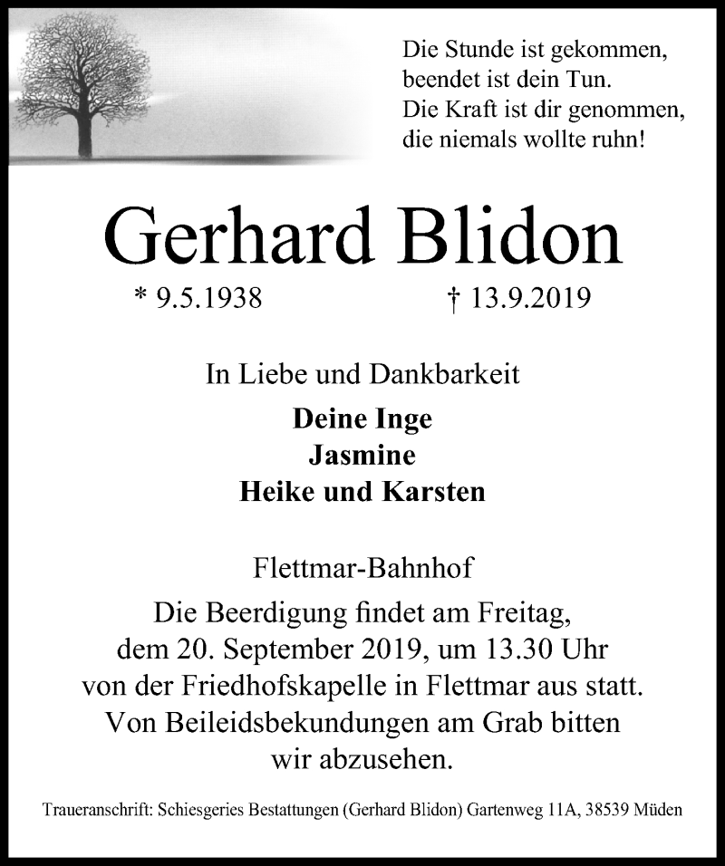  Traueranzeige für Gerhard Blidon vom 17.09.2019 aus Aller Zeitung