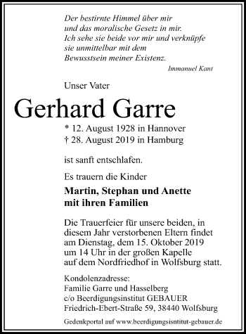 Traueranzeige von Gerhard Garre von Aller Zeitung