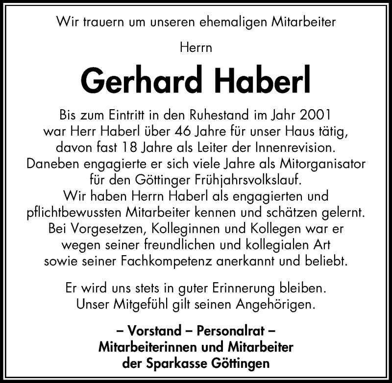  Traueranzeige für Gerhard Haberl vom 07.09.2019 aus Göttinger Tageblatt