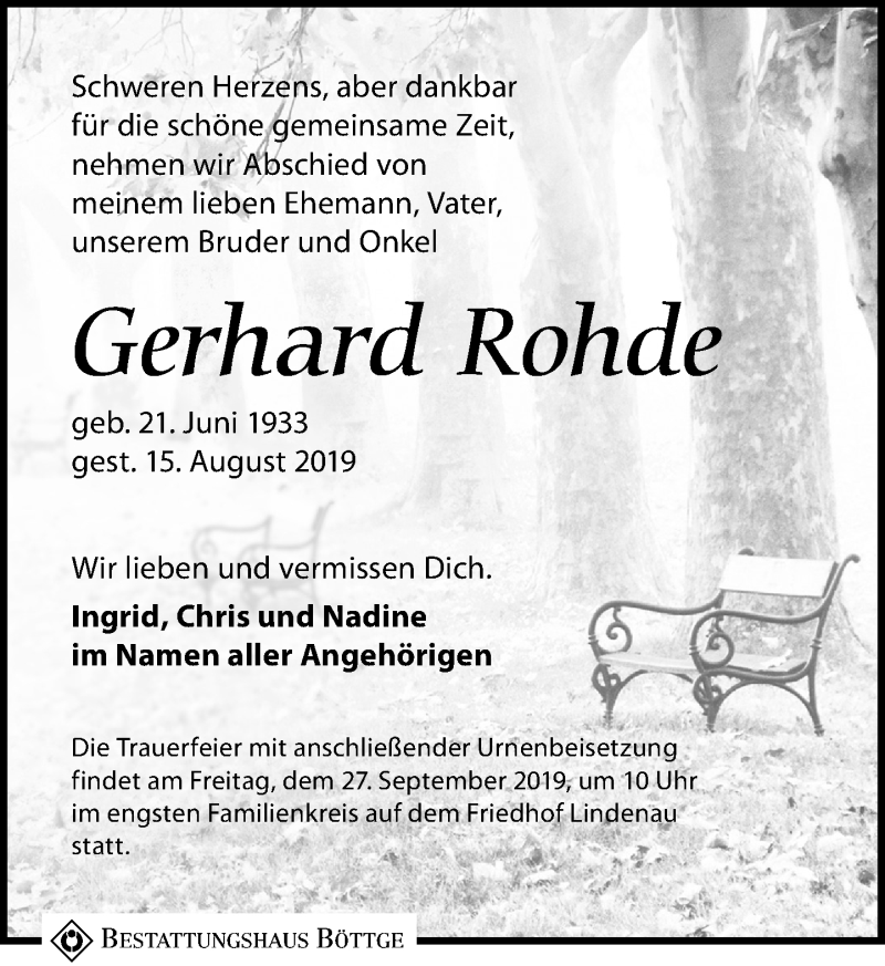  Traueranzeige für Gerhard Rohde vom 31.08.2019 aus Leipziger Volkszeitung