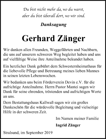 Traueranzeige von Gerhard Zänger von Ostsee-Zeitung GmbH